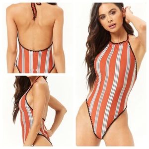 Striped Crochet Trim High Leg Halter Bathing Suit S